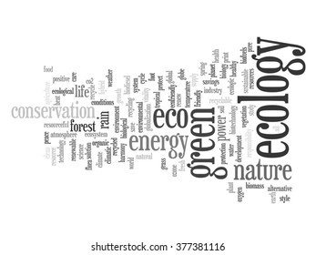 Conceito vetorial ou abstrato conceitual ecologia verde e conservação palavra nuvem texto sobre fundo branco, metáfora para o ambiente, reciclar, terra, alternativa, proteção, energia, eco amigável ou bio