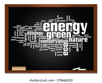 Vector concept or conceptual abstract green ecology, conservation word cloud text, blackboard and chalk background