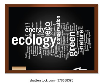 Vector concept or conceptual abstract green ecology, conservation word cloud text, blackboard background, metaphor to environment, recycle, earth, alternative, protection, energy, eco friendly or bio
