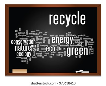 Vector concept or conceptual abstract green ecology, conservation word cloud text, blackboard background, metaphor to environment, recycle, earth, alternative, protection, energy, eco friendly or bio