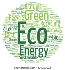 Concepto vectorial o ecología verde abstracta conceptual y conservación palabra en nube texto sobre fondo blanco, metáfora al medio ambiente, reciclar, tierra, alternativa, protección, energía, eco-amigable o bio