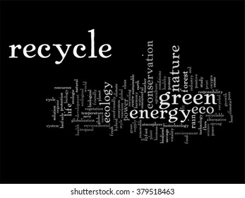 Vector concept or conceptual abstract green ecology and conservation word cloud text on black background, metaphor to environment, recycle, earth, alternative, protection, energy, eco friendly or bio