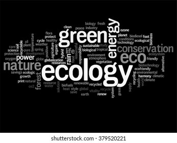 Vector concept or conceptual abstract green ecology and conservation word cloud text on black background, metaphor to environment, recycle, earth, alternative, protection, energy, eco friendly or bio