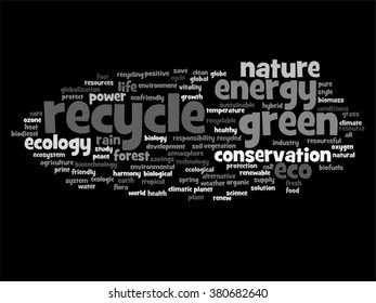 Vector concept or conceptual abstract green ecology and conservation word cloud text on black background, metaphor to environment, recycle, earth, alternative, protection, energy, eco friendly or bio