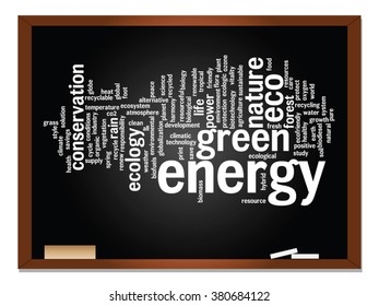 Vector concept or conceptual abstract green ecology, conservation word cloud text, blackboard background, metaphor to environment, recycle, earth, alternative, protection, energy, eco friendly or bio