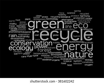 Concepto vectorial o ecología verde abstracta conceptual y conservación palabra texto en nube sobre fondo negro, metáfora al medio ambiente, reciclar, tierra, alternativa, protección, energía, eco-amigable o bio