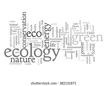 Concepto vectorial o ecología verde abstracta conceptual y conservación palabra en nube texto sobre fondo blanco, metáfora al medio ambiente, reciclar, tierra, alternativa, protección, energía, eco-amigable o bio