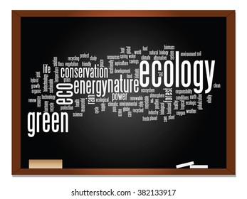 Concepto vectorial o ecología conceptual abstracta verde, conservación palabra texto en nube, fondo de pizarra, metáfora al medio ambiente, reciclar, tierra, alternativa, protección, energía, eco-amigable o bio