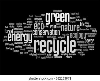Vector concept or conceptual abstract green ecology and conservation word cloud text on black background, metaphor to environment, recycle, earth, alternative, protection, energy, eco friendly or bio