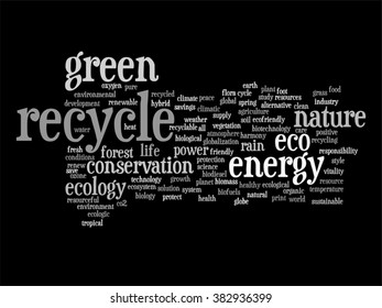 Vector concept or conceptual abstract green ecology and conservation word cloud text on black background, metaphor to environment, recycle, earth, alternative, protection, energy, eco friendly or bio