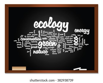 Vector concept or conceptual abstract green ecology, conservation word cloud text, blackboard background, metaphor to environment, recycle, earth, alternative, protection, energy, eco friendly or bio