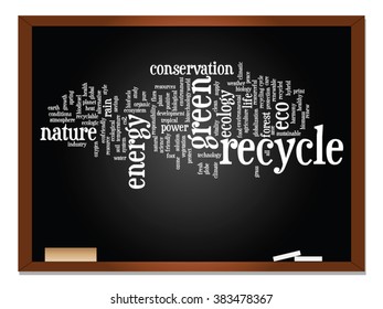 Vector concept or conceptual abstract green ecology, conservation word cloud text, blackboard background, metaphor to environment, recycle, earth, alternative, protection, energy, eco friendly or bio