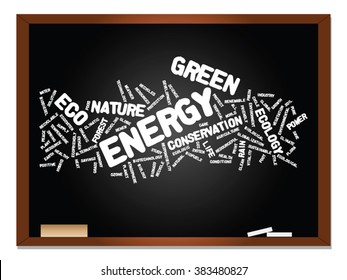 Vector concept or conceptual abstract green ecology, conservation word cloud text, blackboard background, metaphor to environment, recycle, earth, alternative, protection, energy, eco friendly or bio