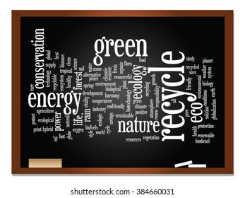 Vector concept or conceptual abstract green ecology, conservation word cloud text, blackboard background, metaphor to environment, recycle, earth, alternative, protection, energy, eco friendly or bio