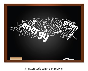 Vector concept or conceptual abstract green ecology, conservation word cloud text, blackboard background, metaphor to environment, recycle, earth, alternative, protection, energy, eco friendly or bio