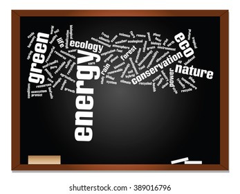 Vector concept or conceptual abstract green ecology, conservation word cloud text, blackboard background, metaphor to environment, recycle, earth, alternative, protection, energy, eco friendly or bio