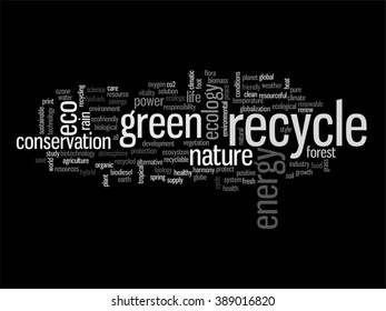 Vector concept or conceptual abstract green ecology and conservation word cloud text on black background, metaphor to environment, recycle, earth, alternative, protection, energy, eco friendly or bio