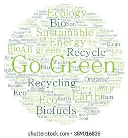 Vector concept or conceptual abstract green ecology and conservation word cloud text on white background, metaphor to environment, recycle, earth, alternative, protection, energy, eco friendly or bio