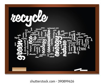 Concepto vectorial o ecología conceptual abstracta verde, conservación palabra texto en nube, fondo de pizarra, metáfora al medio ambiente, reciclar, tierra, alternativa, protección, energía, eco-amigable o bio