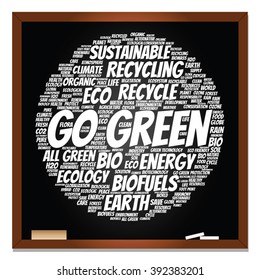 Vector concept or conceptual abstract green ecology, conservation word cloud text, blackboard background, metaphor to environment, recycle, earth, alternative, protection, energy, eco friendly or bio