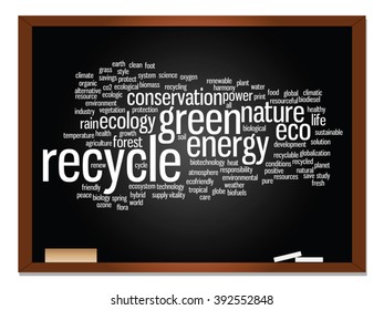 Vector concept or conceptual abstract green ecology, conservation word cloud text, blackboard and chalk background