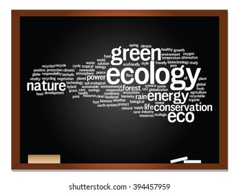 Vector concept or conceptual abstract green ecology, conservation word cloud text, blackboard background, metaphor to environment, recycle, earth, alternative, protection, energy, eco friendly or bio