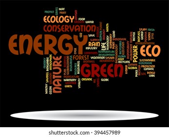 Vector concept or conceptual abstract green ecology and conservation word cloud text on black background, metaphor to environment, recycle, earth, alternative, protection, energy, eco friendly or bio
