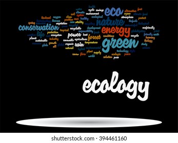 Vektor-Konzept oder konzeptionell abstrakte grüne Ökologie und Konservierungswortwolke auf schwarzem Hintergrund, Metapher für Umwelt, Recycling, Erde, Alternative, Schutz, Energie, umweltfreundlich oder bio