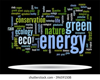 Vector concept or conceptual abstract green ecology and conservation word cloud text on black background, metaphor to environment, recycle, earth, alternative, protection, energy, eco friendly or bio
