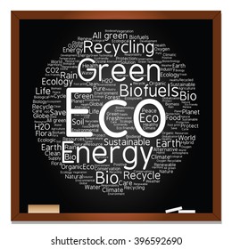 Vector concept or conceptual abstract green ecology, conservation word cloud text, blackboard background, metaphor to environment, recycle, earth, alternative, protection, energy, eco friendly or bio