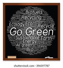 Vector concept or conceptual abstract green ecology, conservation word cloud text, blackboard background, metaphor to environment, recycle, earth, alternative, protection, energy, eco friendly or bio