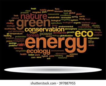 Vector concept or conceptual abstract green ecology and conservation word cloud text on black background, metaphor to environment, recycle, earth, alternative, protection, energy, eco friendly or bio