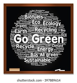 Vector concept or conceptual abstract green ecology, conservation word cloud text, blackboard background, metaphor to environment, recycle, earth, alternative, protection, energy, eco friendly or bio