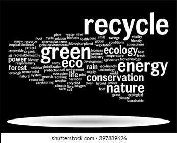 Vector concept or conceptual abstract green ecology and conservation word cloud text on black background, metaphor to environment, recycle, earth, alternative, protection, energy, eco friendly or bio