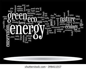 Vector concept or conceptual abstract green ecology and conservation word cloud text on black background, metaphor to environment, recycle, earth, alternative, protection, energy, eco friendly or bio