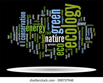 Vector concept or conceptual abstract green ecology and conservation word cloud text on black background, metaphor to environment, recycle, earth, alternative, protection, energy, eco friendly or bio