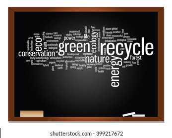 Vector concept or conceptual abstract green ecology, conservation word cloud text, blackboard background, metaphor to environment, recycle, earth, alternative, protection, energy, eco friendly or bio