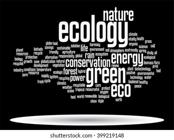Vector concept or conceptual abstract green ecology and conservation word cloud text on black background, metaphor to environment, recycle, earth, alternative, protection, energy, eco friendly or bio