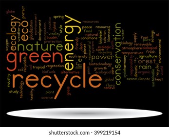 Vector concept or conceptual abstract green ecology and conservation word cloud text on black background, metaphor to environment, recycle, earth, alternative, protection, energy, eco friendly or bio
