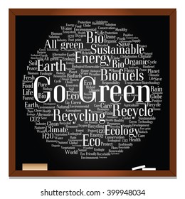 Vector concept or conceptual abstract green ecology, conservation word cloud text, blackboard background, metaphor to environment, recycle, earth, alternative, protection, energy, eco friendly or bio