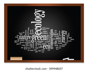 Concepto vectorial o ecología conceptual abstracta verde, conservación palabra texto en nube, fondo de pizarra, metáfora al medio ambiente, reciclar, tierra, alternativa, protección, energía, eco-amigable o bio