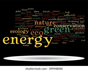 Vector concept or conceptual abstract green ecology and conservation word cloud text on black background, metaphor to environment, recycle, earth, alternative, protection, energy, eco friendly or bio