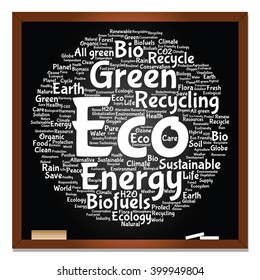 Concepto vectorial o ecología conceptual abstracta verde, conservación palabra texto en nube, fondo de pizarra, metáfora al medio ambiente, reciclar, tierra, alternativa, protección, energía, eco-amigable o bio