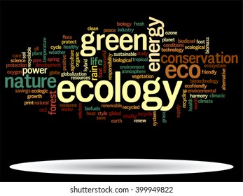 Vector concept or conceptual abstract green ecology and conservation word cloud text on black background, metaphor to environment, recycle, earth, alternative, protection, energy, eco friendly or bio