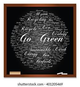 Concepto vectorial o ecología conceptual abstracta verde, conservación palabra texto en nube, fondo de pizarra, metáfora al medio ambiente, reciclar, tierra, alternativa, protección, energía, eco-amigable o bio