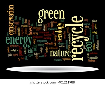 Concepto vectorial o ecología verde abstracta conceptual y conservación palabra texto en nube sobre fondo negro, metáfora al medio ambiente, reciclar, tierra, alternativa, protección, energía, eco-amigable o bio