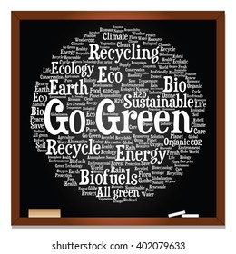 Concepto vectorial o ecología conceptual abstracta verde, conservación palabra texto en nube, fondo de pizarra, metáfora al medio ambiente, reciclar, tierra, alternativa, protección, energía, eco-amigable o bio