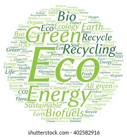 Vector concept or conceptual abstract green ecology and conservation word cloud text on white background, metaphor to environment, recycle, earth, alternative, protection, energy, eco friendly or bio