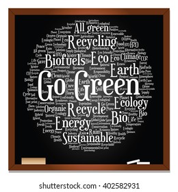 Vector concept or conceptual abstract green ecology, conservation word cloud text, blackboard background, metaphor to environment, recycle, earth, alternative, protection, energy, eco friendly or bio