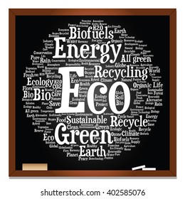 Vector concept or conceptual abstract green ecology, conservation word cloud text, blackboard and chalk background